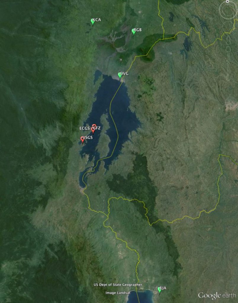 Localization of real time seismic station operated at the time of the event (in green) and epicenter localization from global seismic agencies (USGS and GFZ) and preliminary computation taking into account the additional 4 local telemetered stations (ECGS). (c) RESIST, 2015