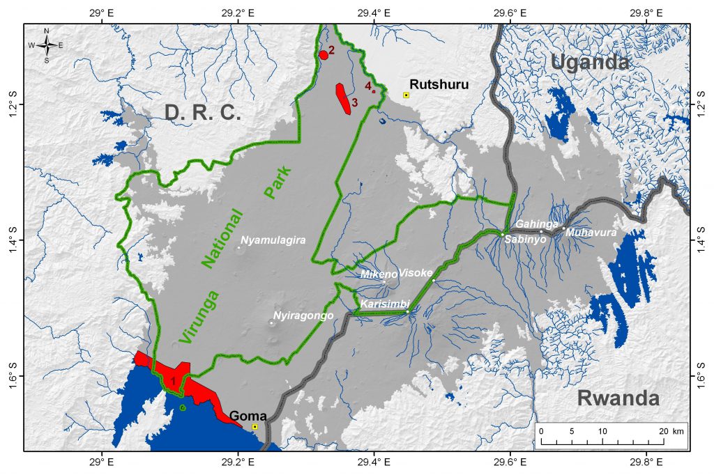 Location of main mazuku zones in the VVP. 1 = northern shoreline of Lake Kivu; 2 = Lake Ondo area; 3 = Kamikoni area; 4 = Mbilibaliba area. (Location after Verschuren, 1965, and Smets et al., 2010)