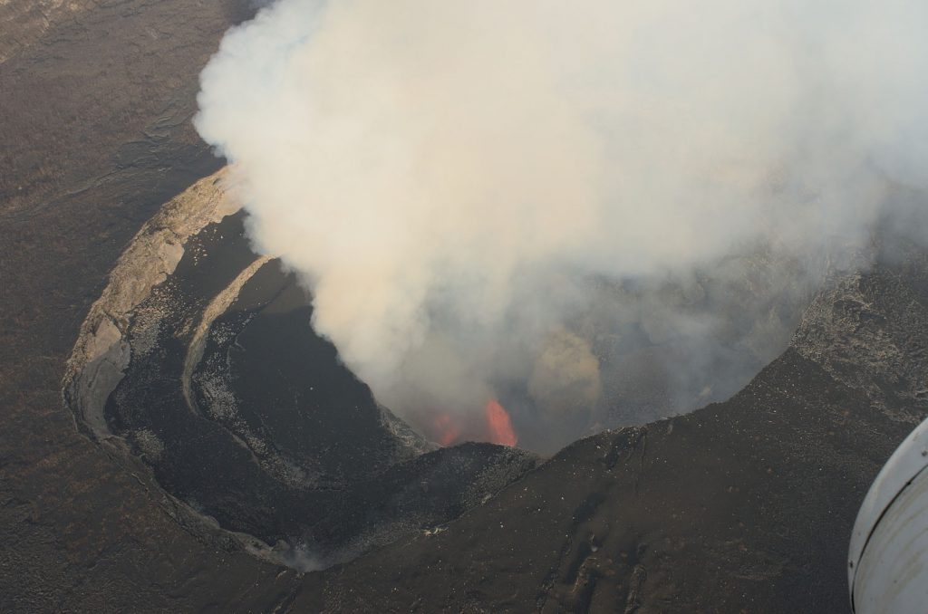 Lava fountains in the pit cratrer of the Nyamulagira caldera, on July 1, 2014. Photo (c) B. Smets, 2014.