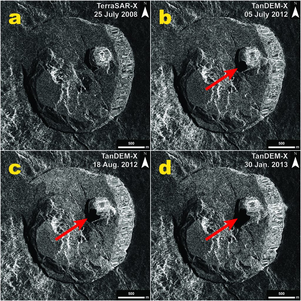 Figure 2: Series of four TerraSAR-X / TanDEM-X (© DLR, 2008-2013) radar amplitude images illustrating the progressive collapse and southward extension of the Nyamulagira’s pit crater. Figure (c) B. Smets, RMCA, and N. d’Oreye, ECGS/MNHN.